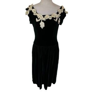 Vtg 90s Eileen West Green Velvet Lace Appliqué Drop Waist Midi Dress Button Back